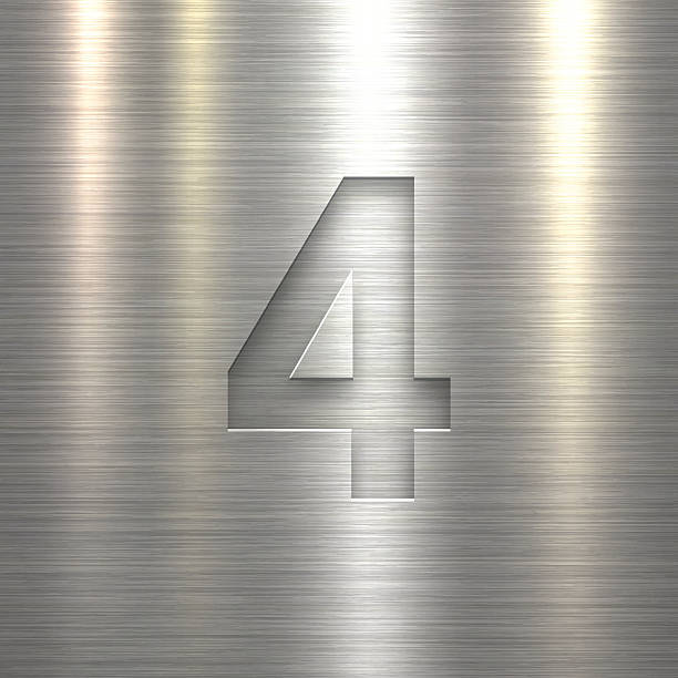 Number 4 Design (Four). Number on Metal Texture Background Silver number "4" - four - on a realistic brushed metal texture (metal background). 3d silver steel number 4 stock illustrations