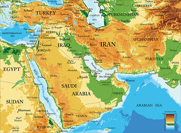 Mappa Fisica Del Medio Oriente - Immagini vettoriali stock e altre immagini di Carta geografica - Carta geografica, Medio Oriente, Siria. Palestina teoria e storia. 