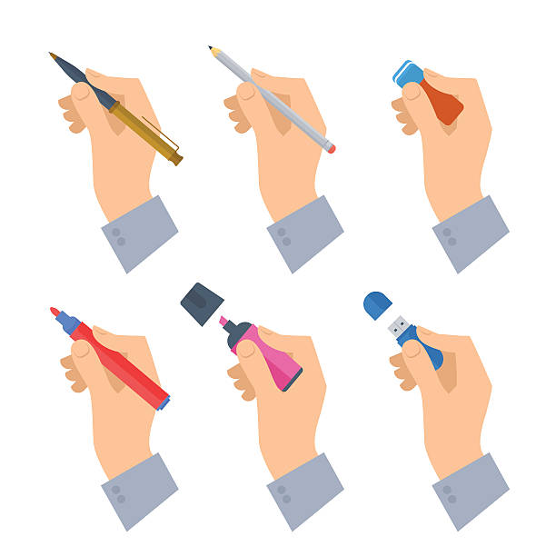 ilustrações de stock, clip art, desenhos animados e ícones de men's hands with writing tools and office supplies set. - office supply group of objects pencil highlighter