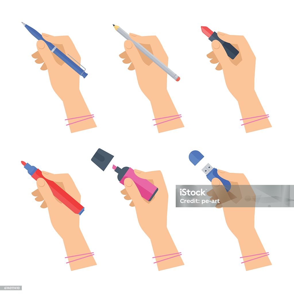 Women's hands with writing tools and office supplies set. Women's hands with writing tools and office supplies set. Flat illustration of human female hands with pen, pencil, highlighter and over stationery. Vector isolated on white background design element. Pen stock vector