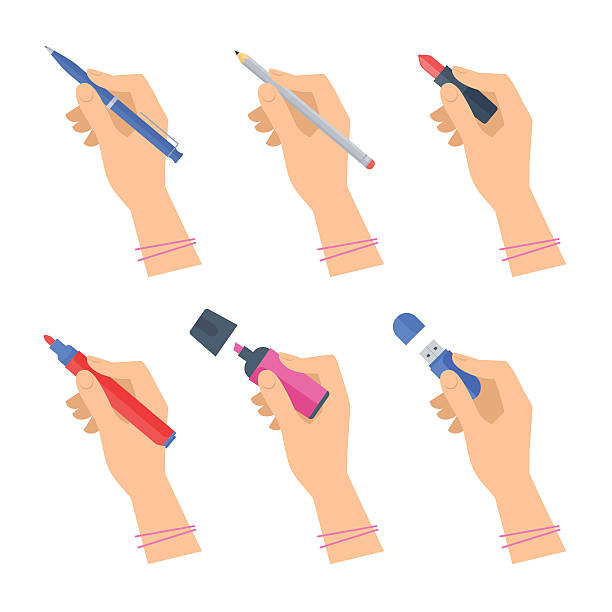 Women's hands with writing tools and office supplies set. Women's hands with writing tools and office supplies set. Flat illustration of human female hands with pen, pencil, highlighter and over stationery. Vector isolated on white background design element. hand drawings stock illustrations