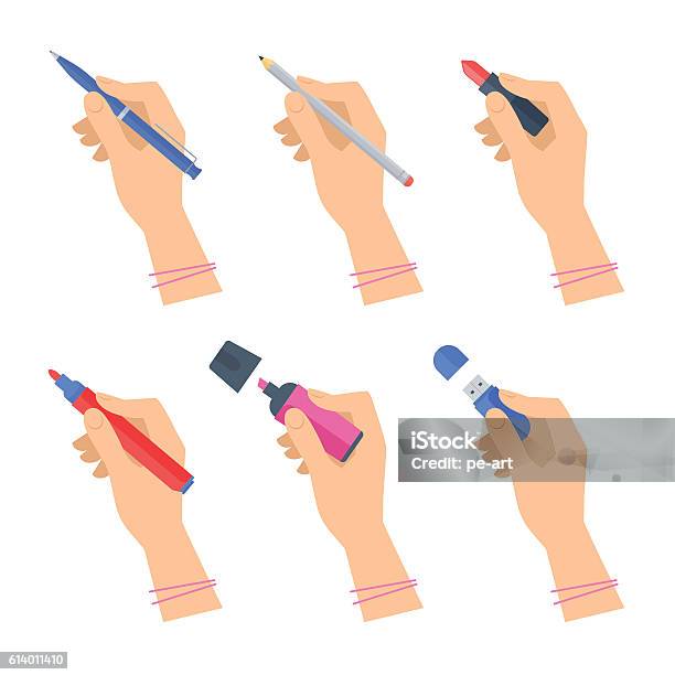 Womens Hands With Writing Tools And Office Supplies Set Stock Illustration - Download Image Now