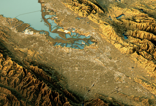 3D Render of a Topographic Map of Silicon Valley, Southern San Francisco Bay Area, California, USA.