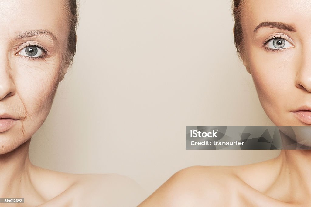 two halves of woman face breaking senility - revitalising young woman face Aging Process Stock Photo
