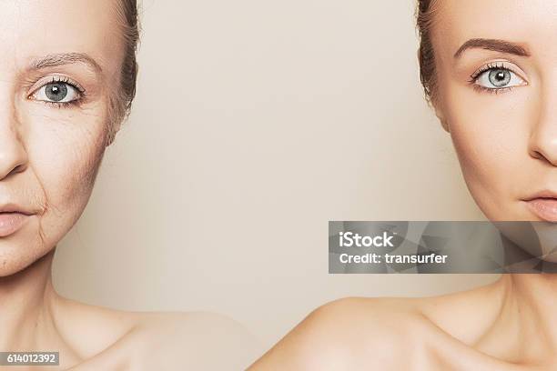Two Halves Of Woman Face Stock Photo - Download Image Now - Aging Process, Rebellion, Senior Adult