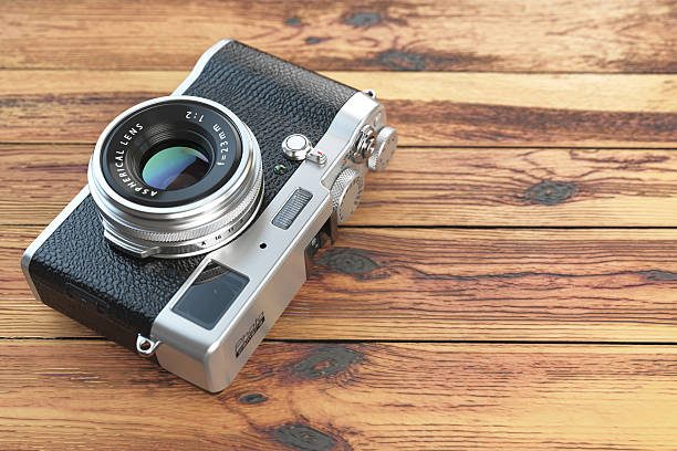 istock Modern mirrorless camera stilized to retro vintage film camera o 614012866