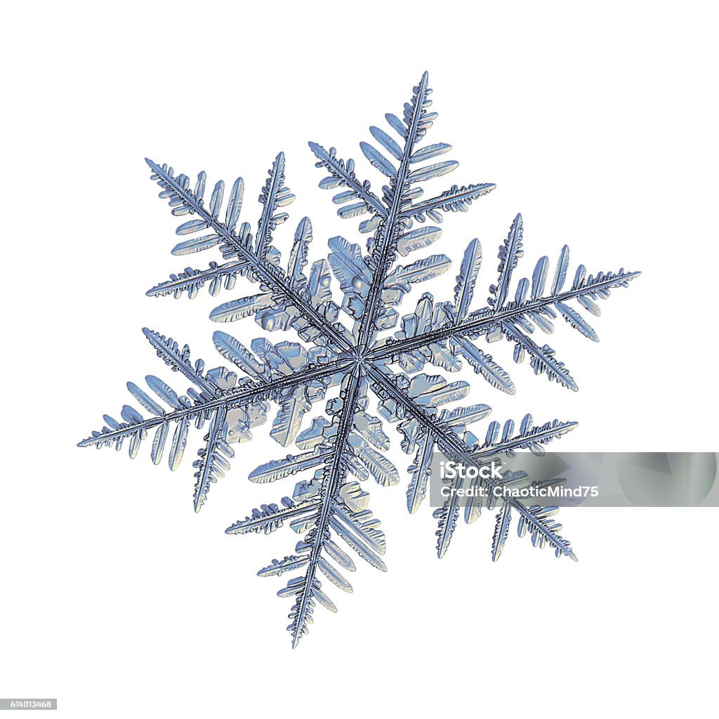 Snowflake isolated on white background Snowflake isolated on white background: macro photo of real snow crystal, captured on glass. This is fernlike dendrite crystal: very common type of big and complex snowflakes with traditional look. Beauty In Nature Stock Photo
