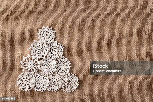 Abstract Christmas Tree Lace Embroid Snowflake Burlap Snow Flake Stock Photo - Download Image Now