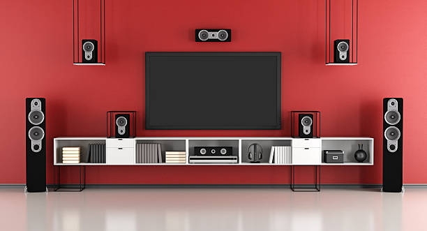 Red home cinema system contemporary red and black home cinema system - 3d rendering home cinema system stock pictures, royalty-free photos & images