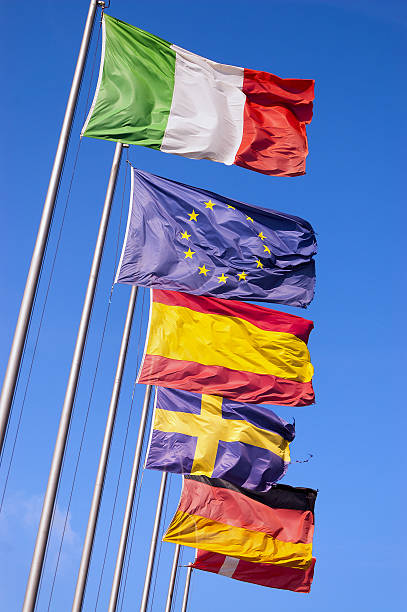 istock European Flags Flowing in the Wind 614016278