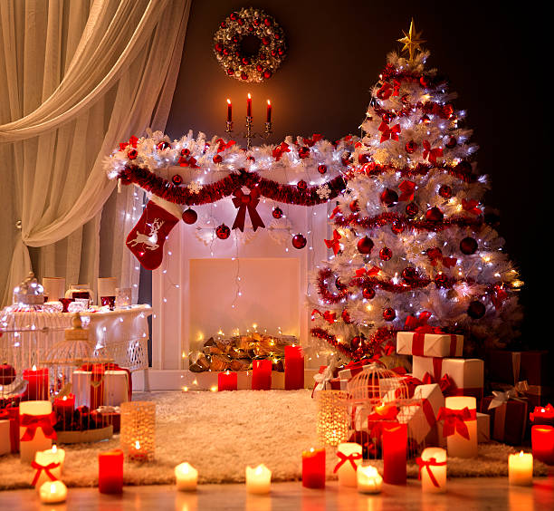 istock Christmas Interior, Xmas Tree Fireplace Light, Decorated Room 614017016