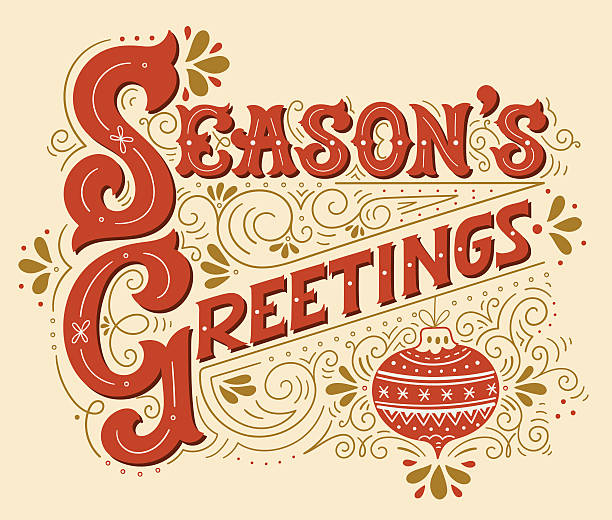 Seasons greetings. Hand drawn winter holiday drawing. Lettering with a Christmas ball and decorative design elements. This illustration can be used as a greeting card, poster or print.