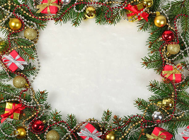 istock Frame of  christmas decorations on a white 614022370