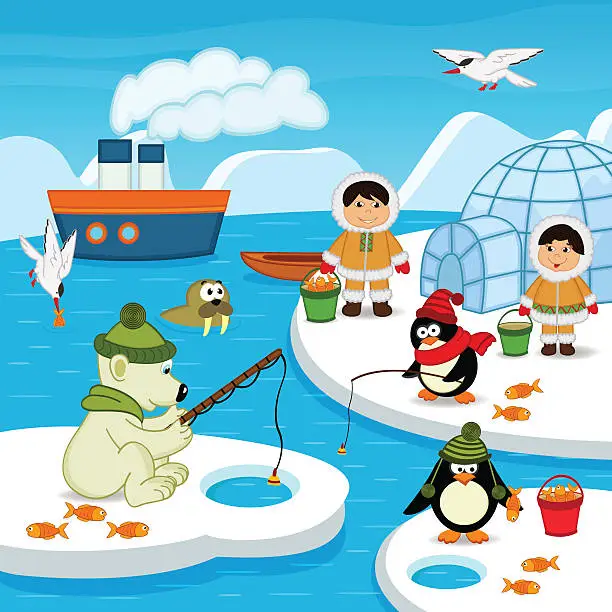 Vector illustration of Eskimos and animals catch fish