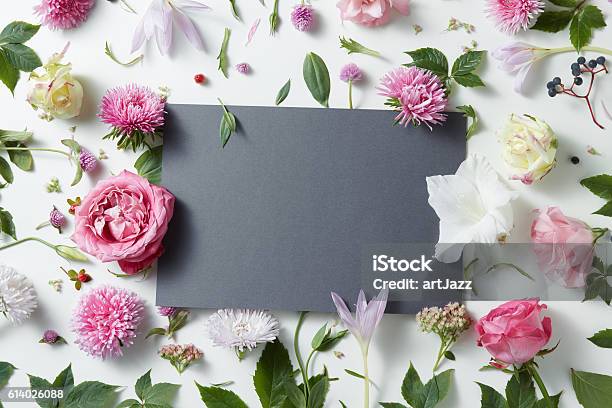 Beautiful Pink And White Flowers With Empty Notebook Stock Photo - Download Image Now