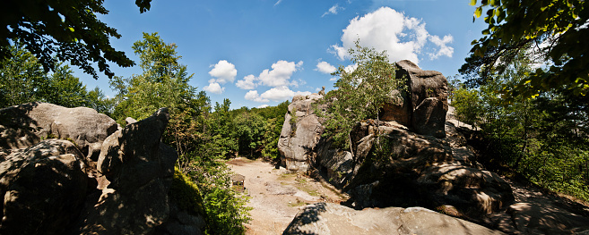 Panorama of Dovbush rocks, group of natural and man-made structures carved out of rock at western Ukraine