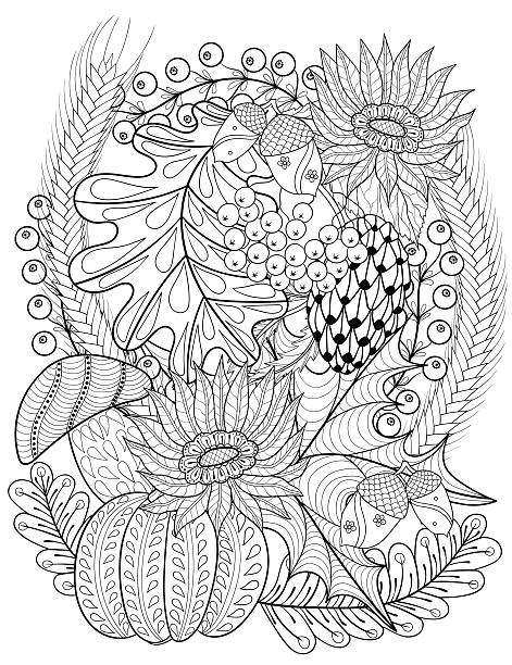 Vector autumn patterned background with pumpkin Vector autumn patterned background with pumpkin, sunflower, leaves, acorns, branches, mushroom for adult coloring books. Hand drawn artistic illustration in ethnic  style. Doodle design. A4 size. autumn coloring pages stock illustrations