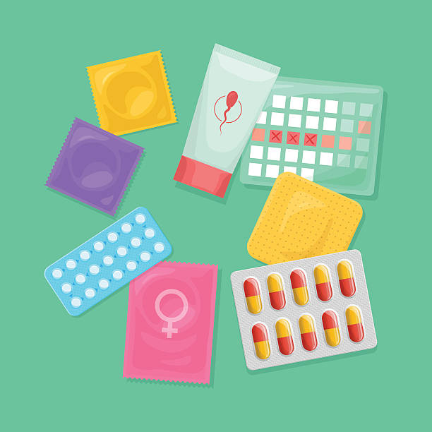 Safe sex and birth control. Safe sex and birth control. Set of contraception methods: condom and patch, oral contraceptive pills, suppository and spermicide, female condom and calendar method. Vector illustration diaphragm contraceptive stock illustrations