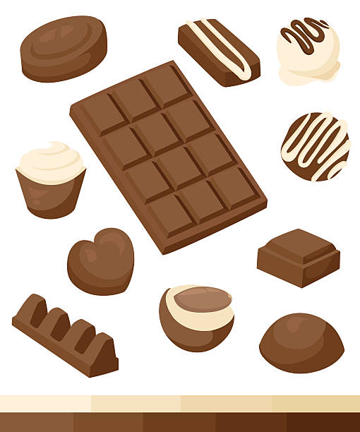 ilustrações, clipart, desenhos animados e ícones de chocolate, conjunto de ícones vetoriais. diferentes tipos de energia de produtos de cacau - chocolate candy bar block cocoa