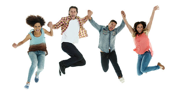 istock Cheerful friends cheering and jumping 614035458