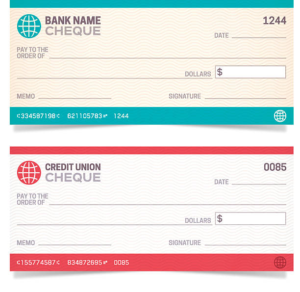 Bank Checks Bank and Credit Union cheques with space for your copy. EPS 10 file. Transparency effects used on highlight elements. cheque financial item stock illustrations