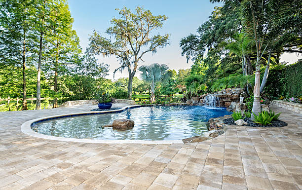 에스테이트 홈의 폭포가 있는 아름답게 조경된 수영장 - natural pool 뉴스 사진 이미지