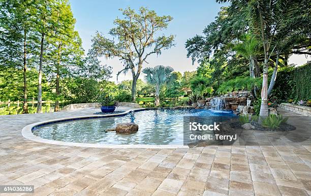 Beautifully Landscaped Swimming Pool With Waterfall At Estate Home Stock Photo - Download Image Now