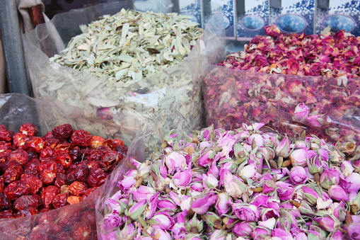 Dried rose petals and spices sold at an Arabic market stall
