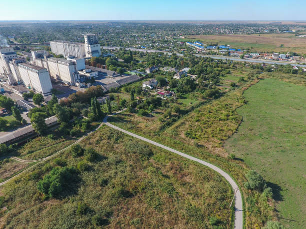 istock Top view of a silo elevator. Aerophotographing industrial object. 614040094