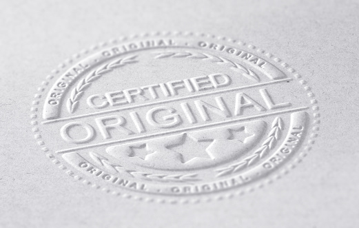 3D illustration of an embossed stamp with the text certified original, paper background, horizontal image. Concept of authenticity.