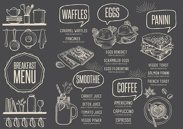 illustrations, cliparts, dessins animés et icônes de menu restaurant petit déjeuner, napperon de modèle de nourriture. - oeuf poché