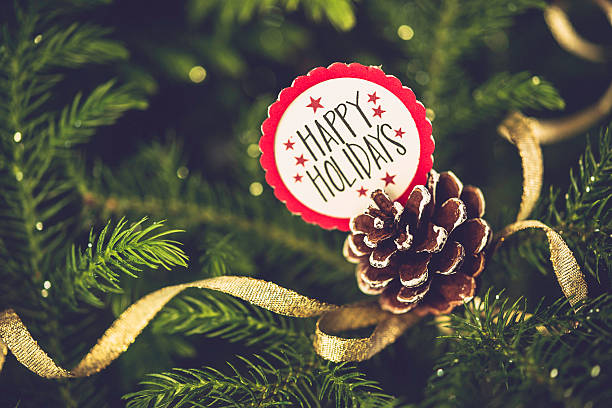 Christmas message with pinecone on real Christmas tree. Happy Holidays