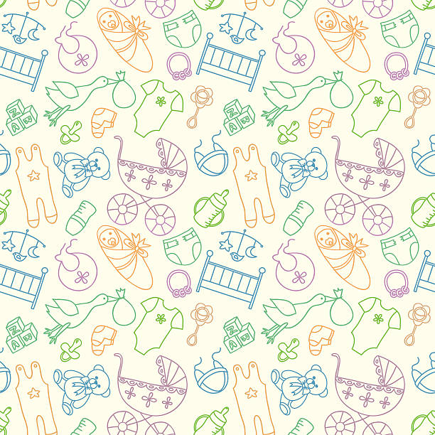 Newborn clothes and accessories repeating background Vector seamless pattern with baby elements. Newborn clothes and accessories repeating background in doodle style for textile, wrapping paper, scrapbooking. newborn horse stock illustrations