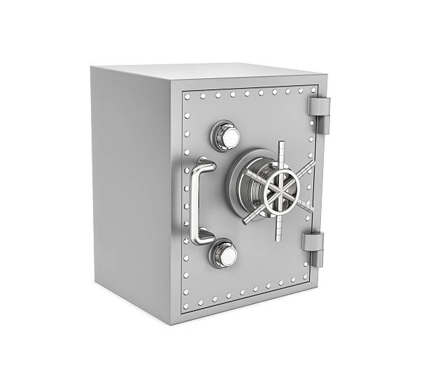 istock Rendering of steel safe box, isolated on white background 614043416