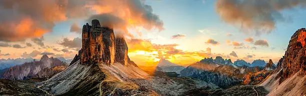 Sunset panorama of the famous three peaks of Lavaredo, in Dolomites, Italy