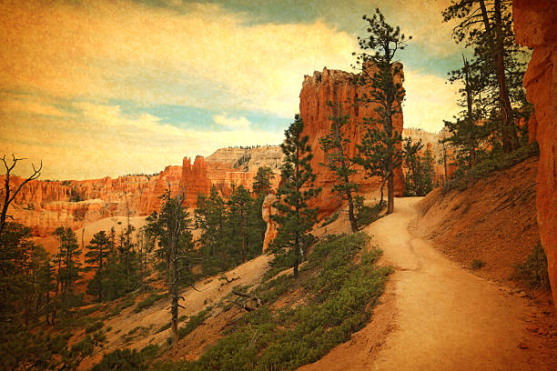 Antique image of Bryce Canyon National Park hiking trail and Hoodoos. Peekaboo trail.