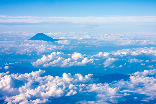 Aerial view of Mount Fuji Japan with cloudy sky