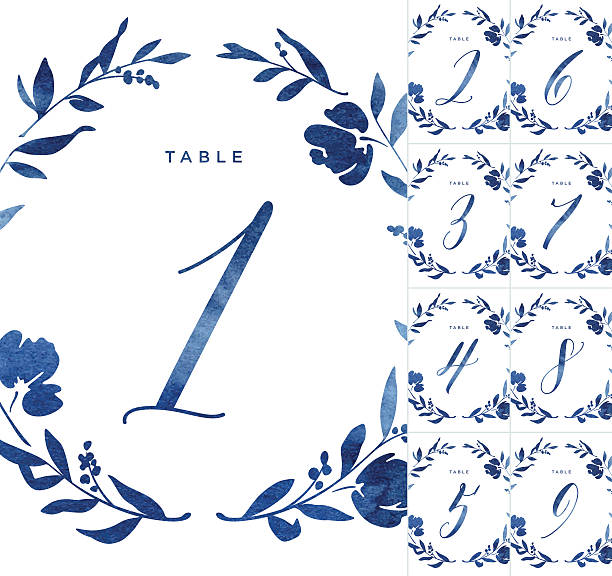 illustrations, cliparts, dessins animés et icônes de numéros de table de mariage à l’aquarelle bleue - floral centerpiece