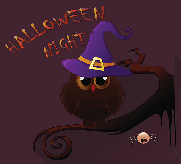 istock Cartoon owl in hat sitting on the branch. Halloween icon. 614045384