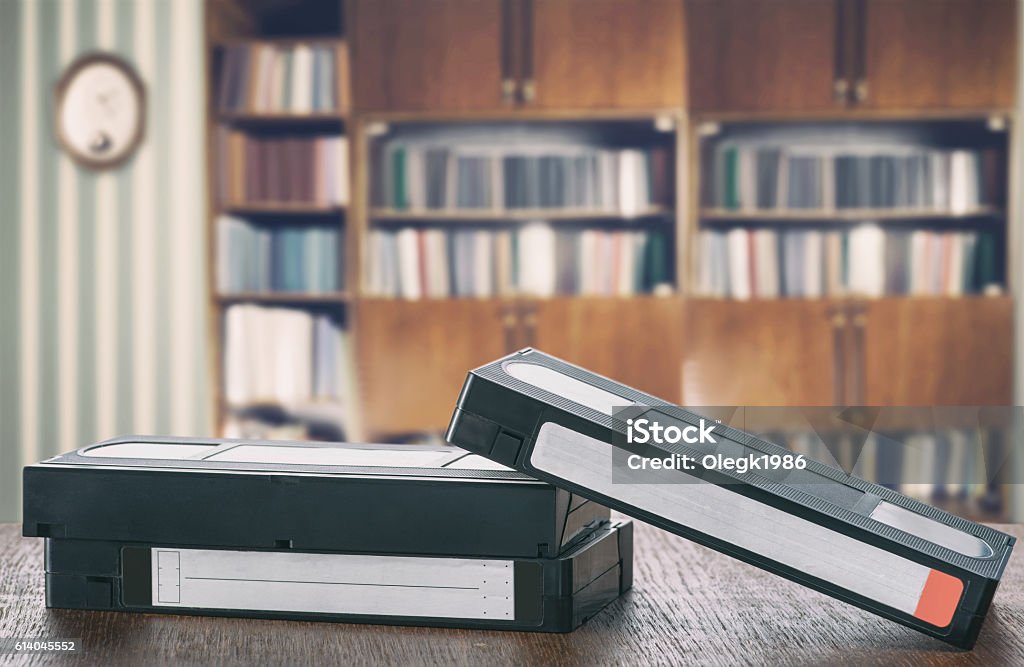 Vintage video tapes videotapes on the desk in the room Videocassette Stock Photo