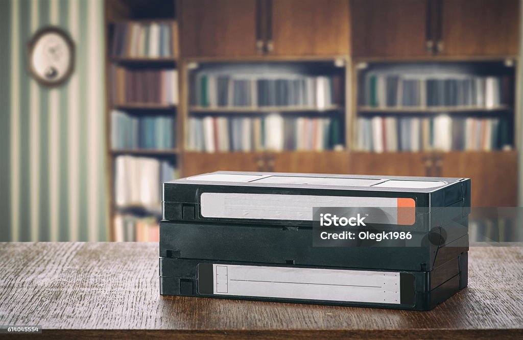 VHS videotapes videotapes on the desk in the room Bookshelf Stock Photo