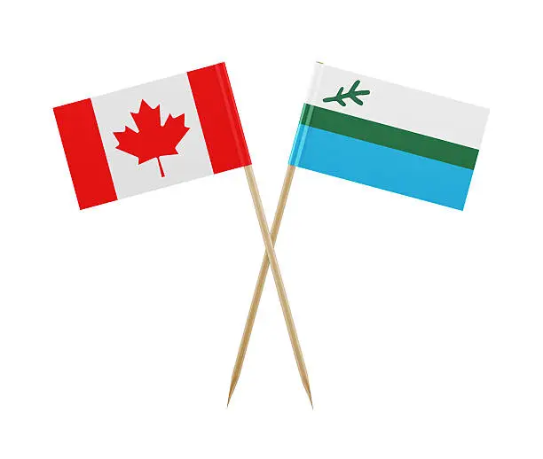 Tiny Canadian and Labrador flag  on a toothpick. The flag has nicely detailed paper texture, High quality 3d render. Isolated on white background. Clipping path is included. 