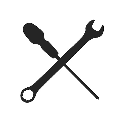 Mend Icon. Black shape of crossed screwdriver and spanner. White background.