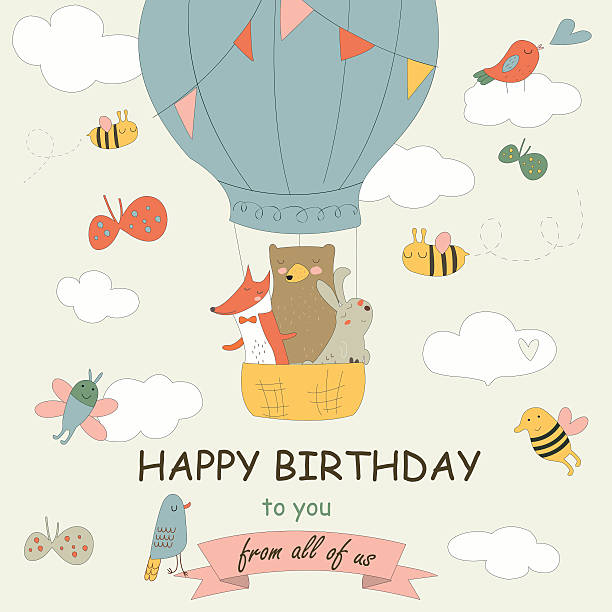 geburtstagballonforestanimals - baby congratulating toy birthday stock-grafiken, -clipart, -cartoons und -symbole