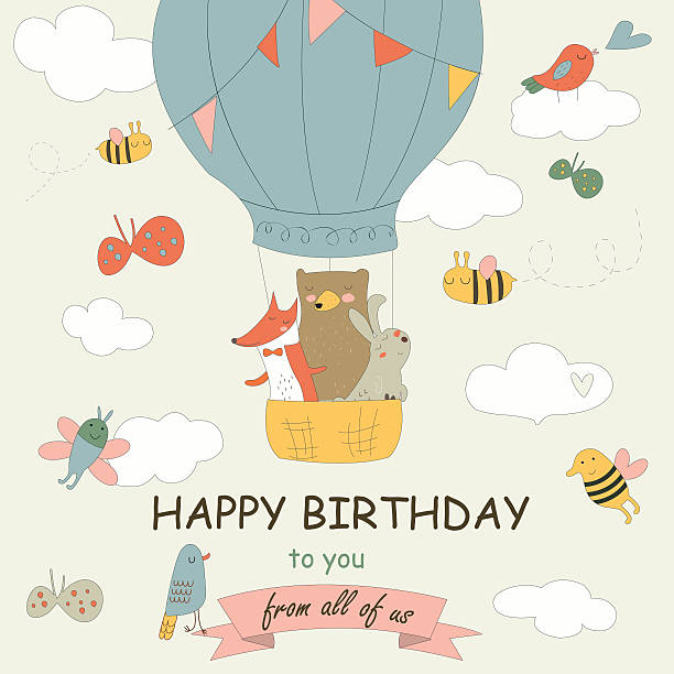 ilustrações de stock, clip art, desenhos animados e ícones de birthdayballonforestanimals - baby congratulating toy birthday