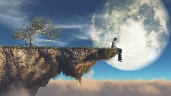 Man on the edge of a piece of land watching the moon. This is a 3d render illustration