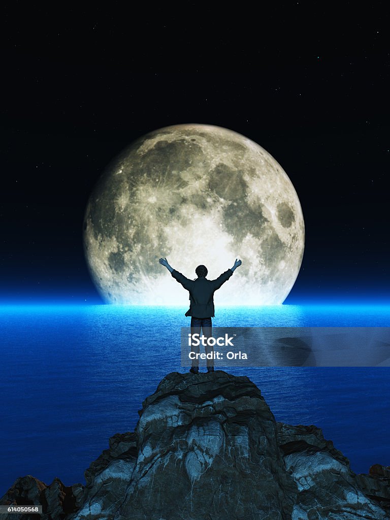 Silhouette man Grateful man with his hands raised on the mountain top on background of the sea in the moonlight night. This is a 3d render illustration Men Stock Photo