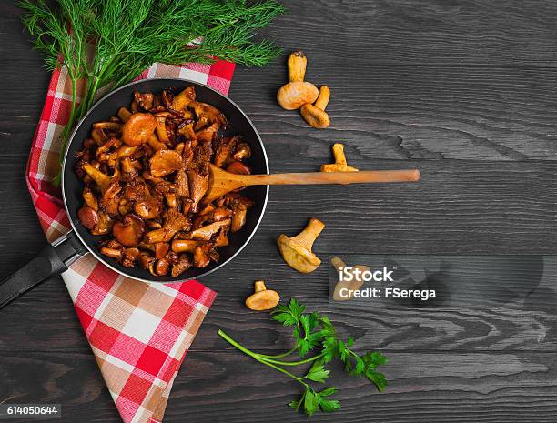 Chanterelle Mushrooms Fried Stock Photo - Download Image Now - Antipasto, Appetizer, Autumn