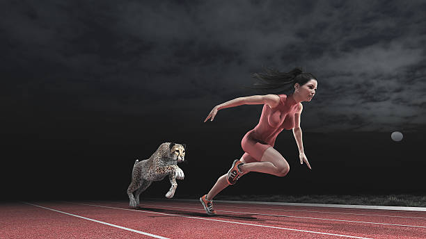 istock Race between woman and cheetah 614052002