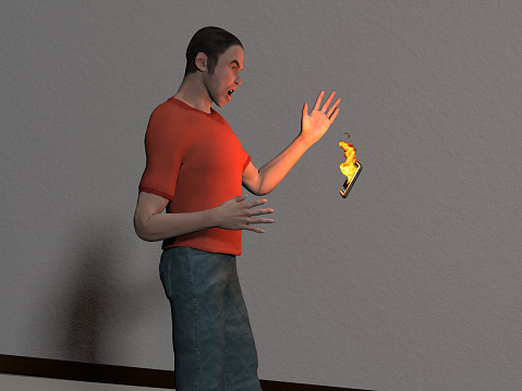 3d rendered illustration of a man tossing a burning smart phone